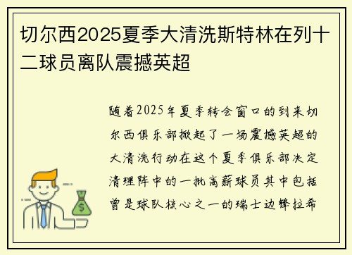 切尔西2025夏季大清洗斯特林在列十二球员离队震撼英超