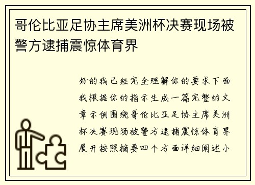 哥伦比亚足协主席美洲杯决赛现场被警方逮捕震惊体育界 哥伦比亚足协主席美洲杯决赛现场被警方逮捕震惊体育界